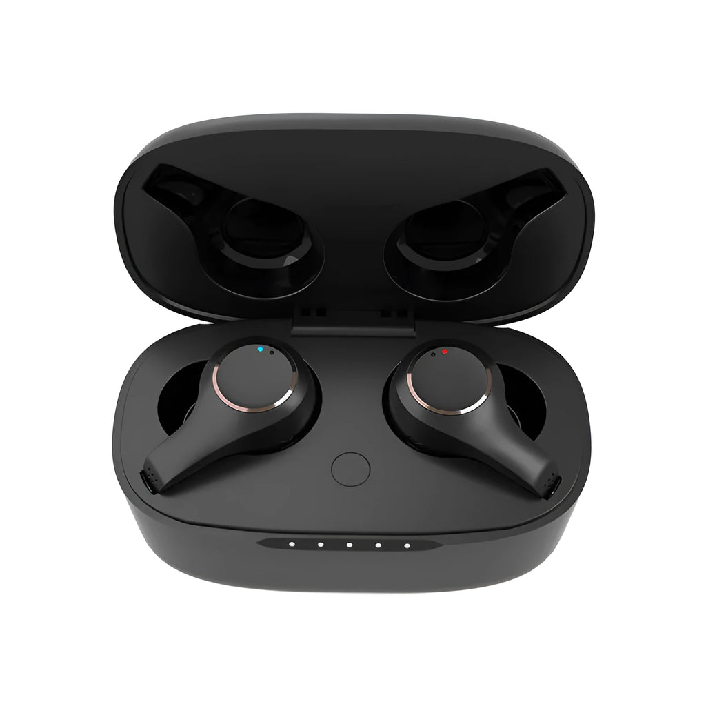 Black ANC Active Noise Cancelling Bluetooth headset with earplug design