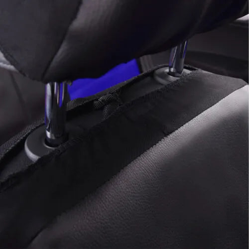 Artificial leather car seat covers with stitching in a 9-piece set for a 5-seater vehicle.