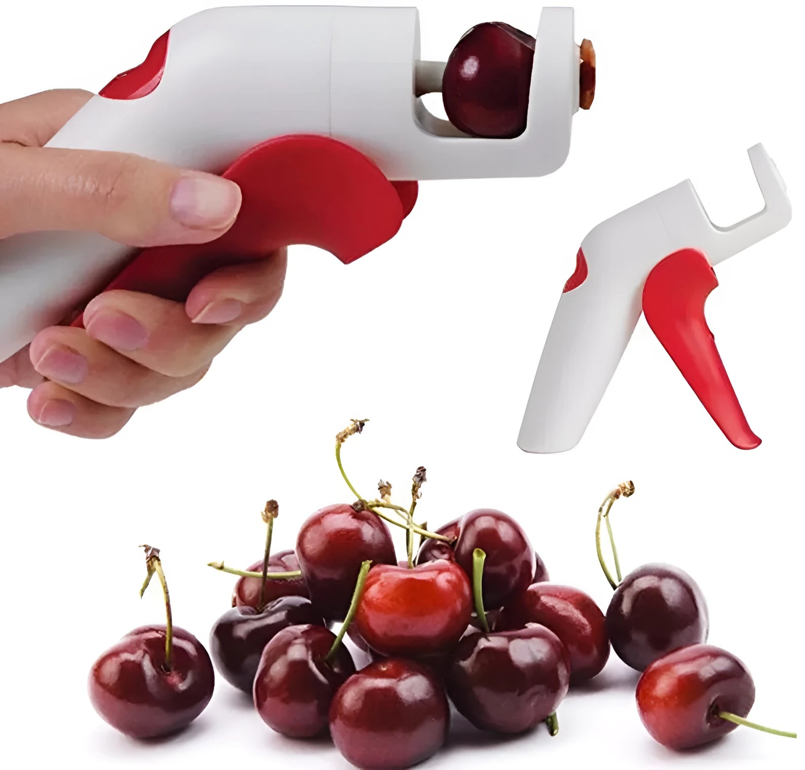 Cherry pitter kitchen tool with soft-grip handle and stainless steel plunger on a plastic base.