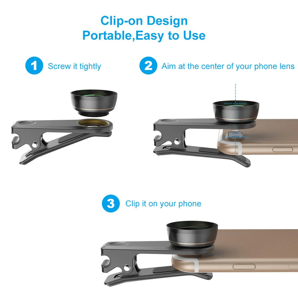 Black aluminium 6-in-1 smartphone camera lens kit with fisheye, macro, telephoto and filter lenses on a universal clip.
