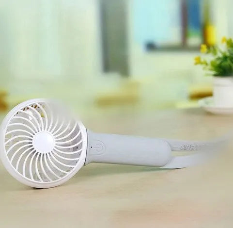 Blue handheld USB fan with LED light and 200mm blades on a grey background.