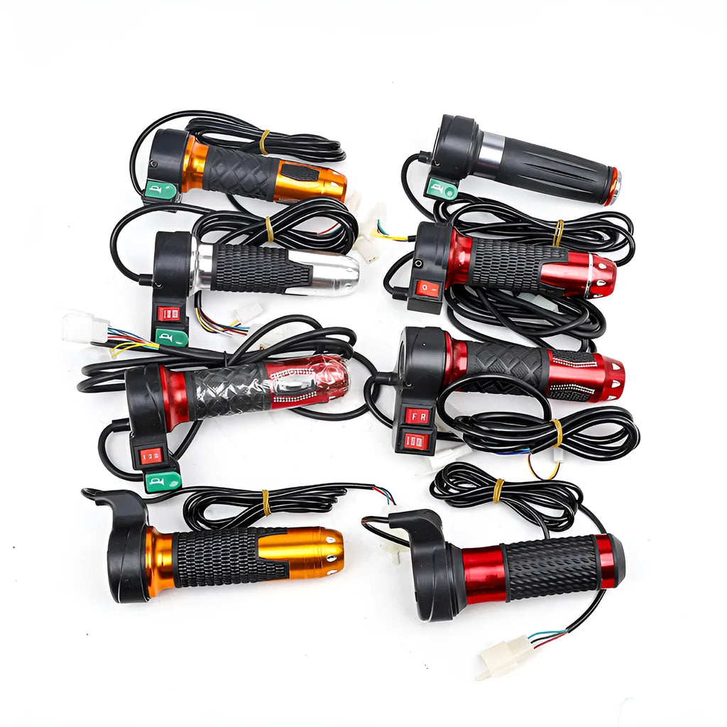 A plastic three-speed rotating handle for electric car acceleration control, shown in a choice of colours.