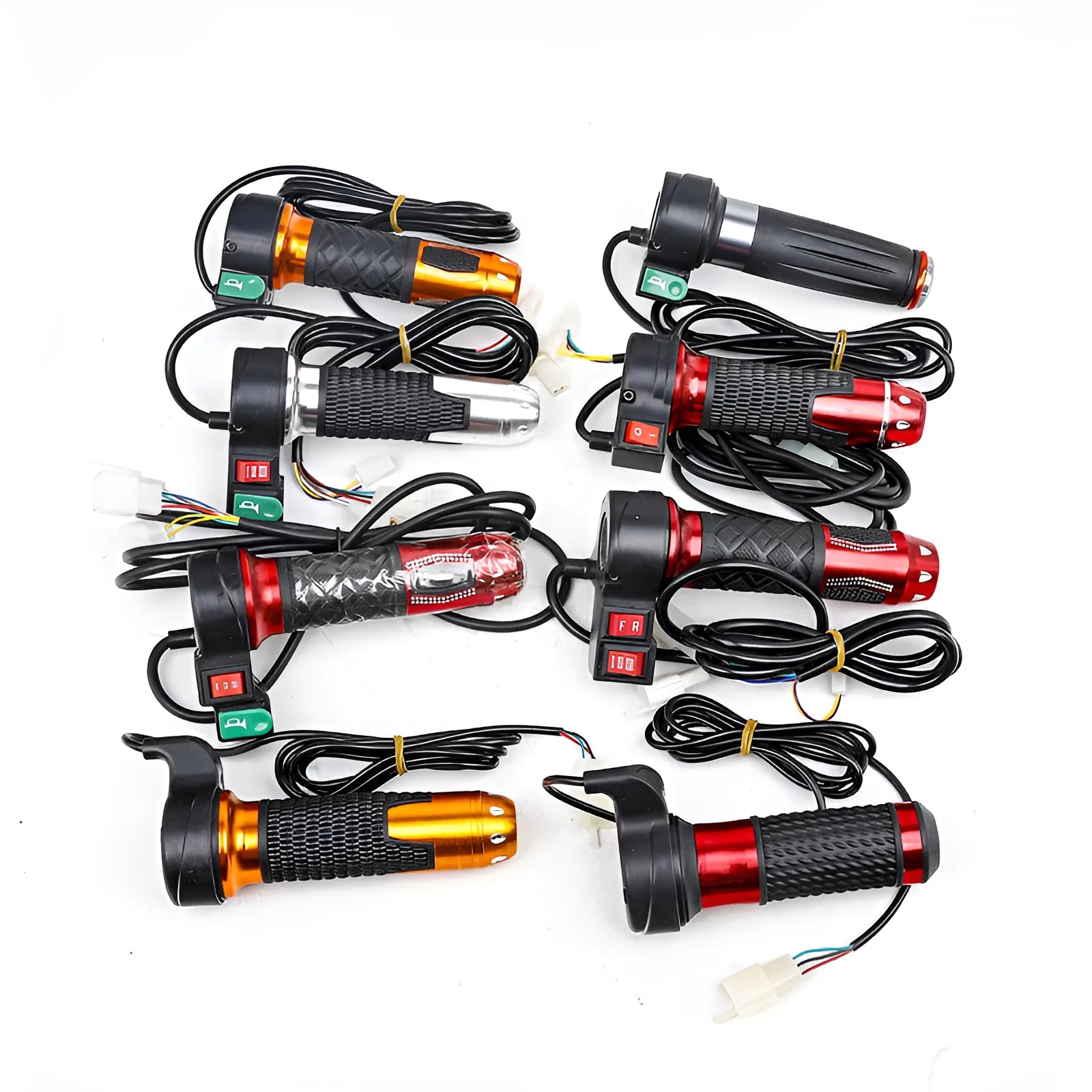A plastic three-speed rotating handle for electric car acceleration control, shown in a choice of colours.
