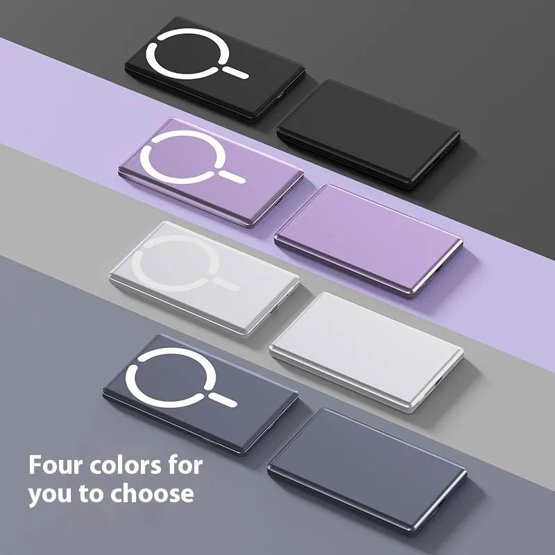 Ultra-thin alloy magnetic power bank in black showing 9mm thickness and compact dimensions