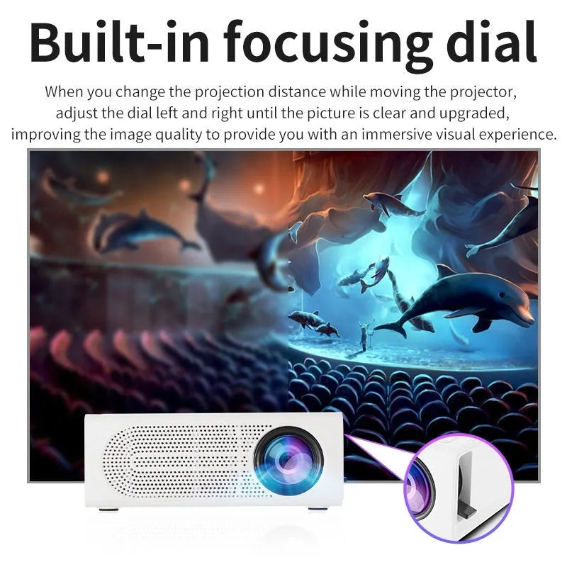 Black or white portable mini projector with wired mobile phone connection showing 320x240 resolution display