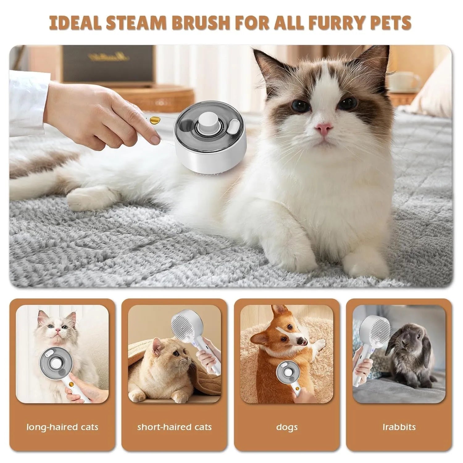 Pink and white cat steam grooming brush with mist spray function and stainless steel comb.