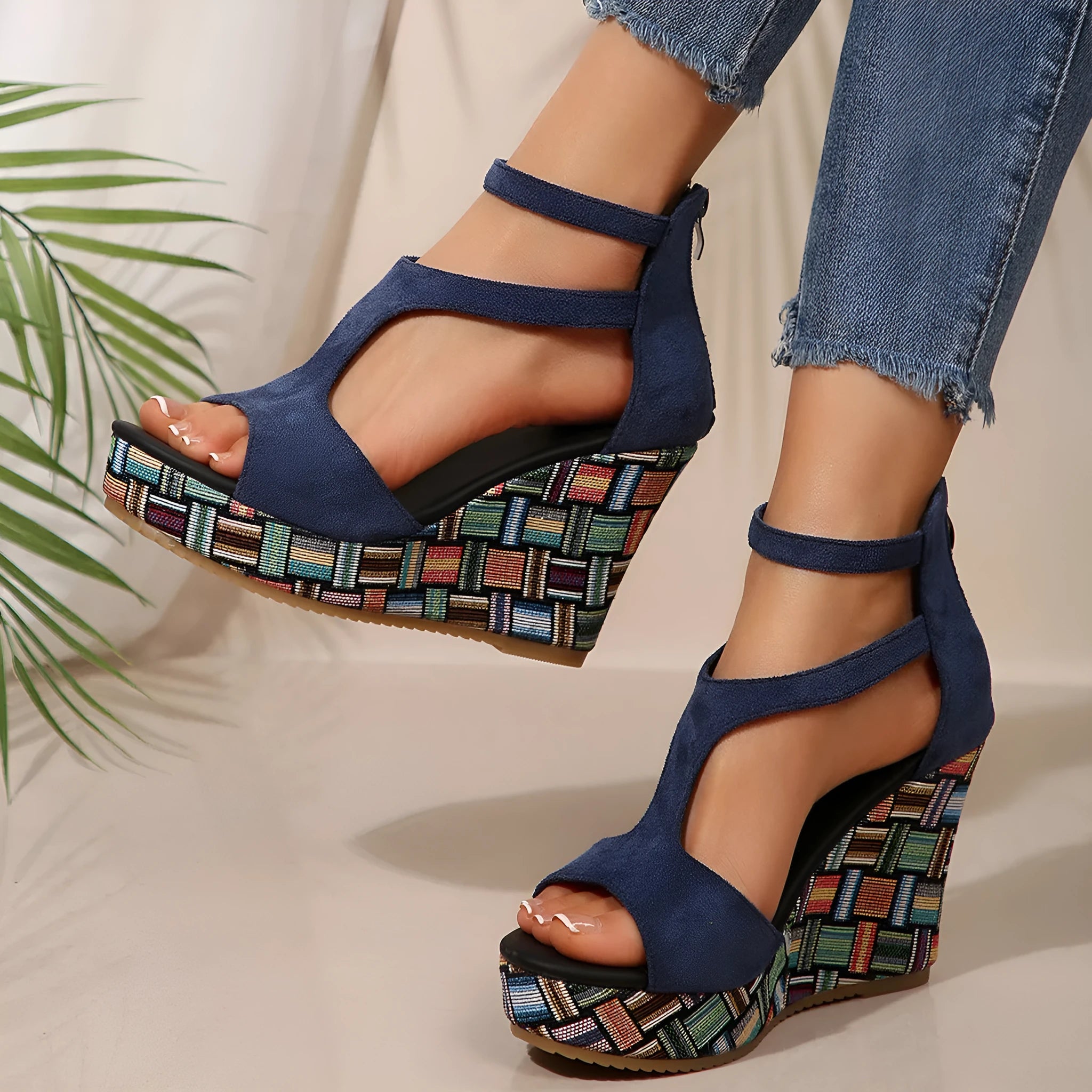 Women's cream white ankle-strap sandals with a buckle, thick rubber sole, and fish mouth scaffold design.