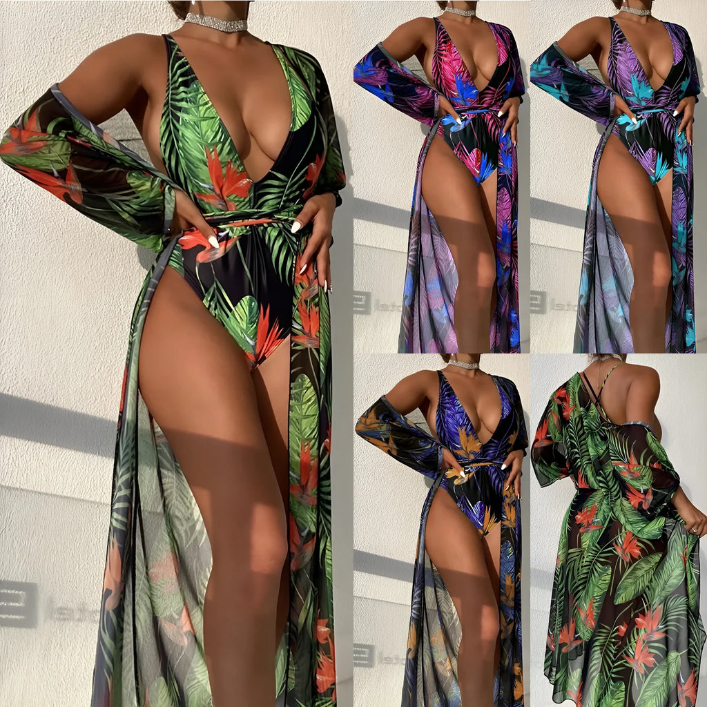 Women's polyester three-piece swimsuit set in one of four patterns, showing the one-piece bikini and cover-up coat.