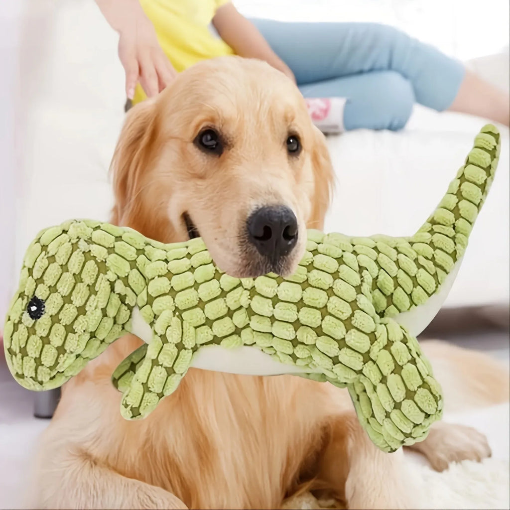 Grey, green, or orange durable dog toy with sound feature, shown next to a measuring tape indicating 35 cm length.