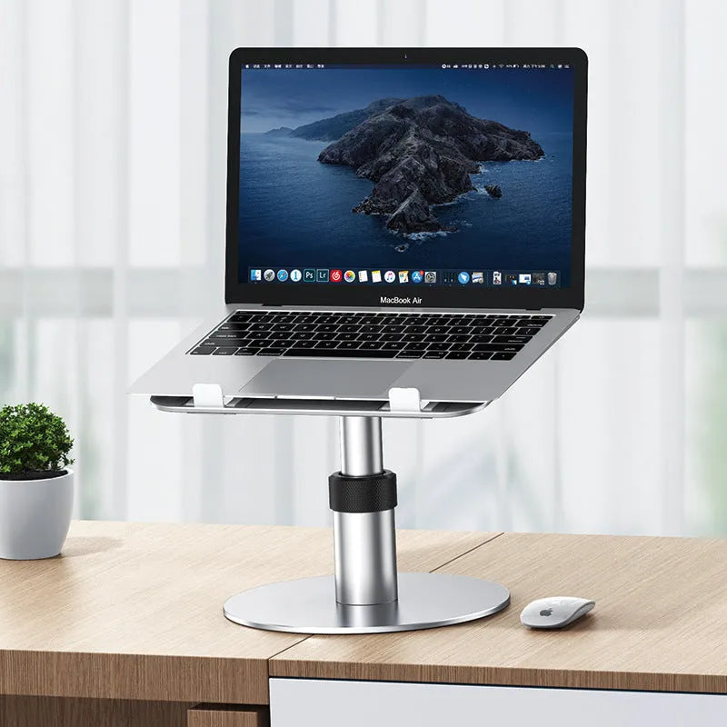 Silver adjustable car laptop stand with 360-degree rotating base on car seat