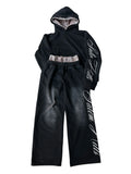 Adult male punk print hoodie and pants leisure suit set in fleece-lined polyester.