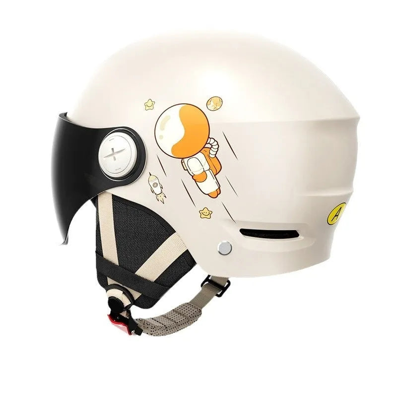 Khaki coloured motorcycle half helmet with a mirrored long visor attached on a table.
