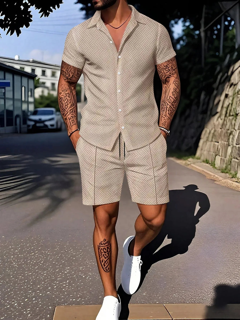 Men's casual short sleeve suit set with digital printing design in cotton blend fabric