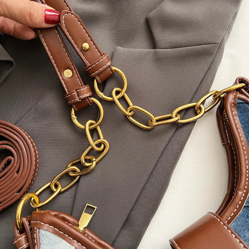 Brown denim women's shoulder bag with diamond mesh chain design and bucket shape