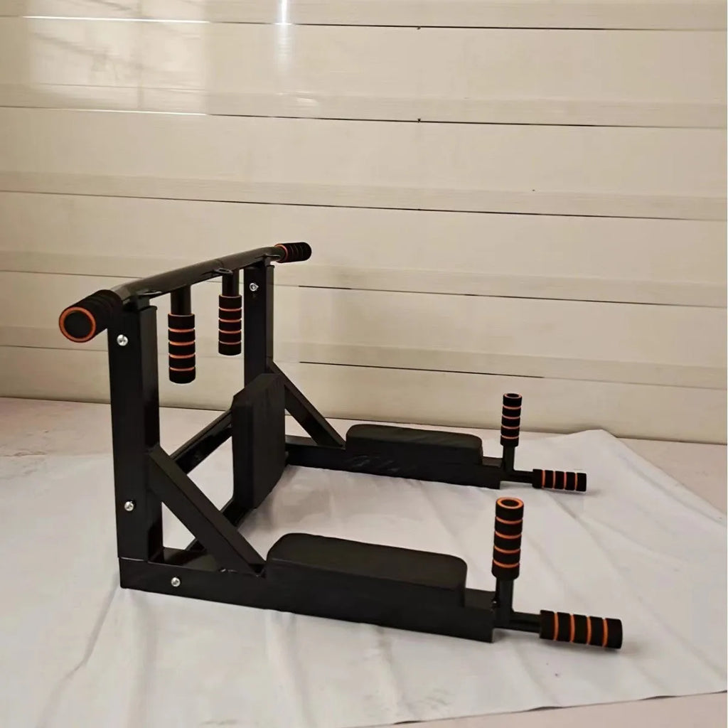 Black wall-mounted fitness rack with parallel bars and sandbag mounting points