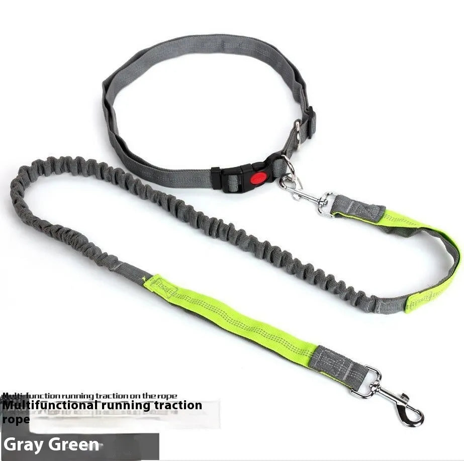 Grey and green reflective elastic dog leash with clip, shown coiled on a table.