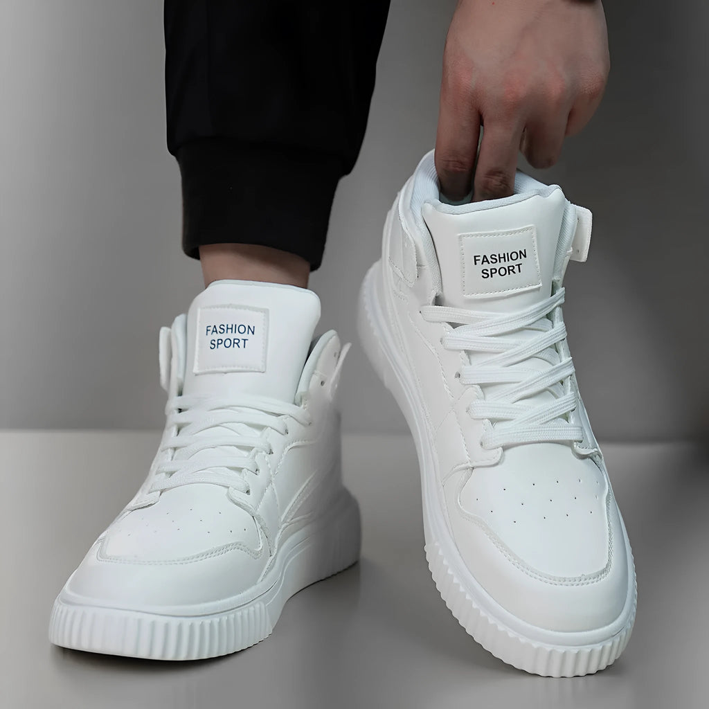 Men's white round toe casual shoes with a microfibre upper on a plain background.