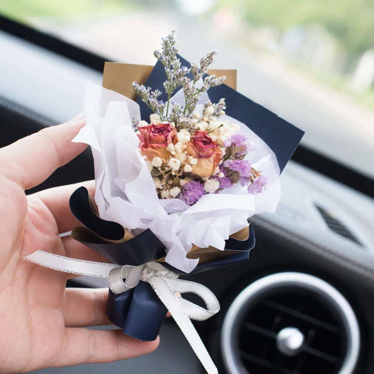 Handmade dried flower bouquet car vent air freshener clip in assorted colours.