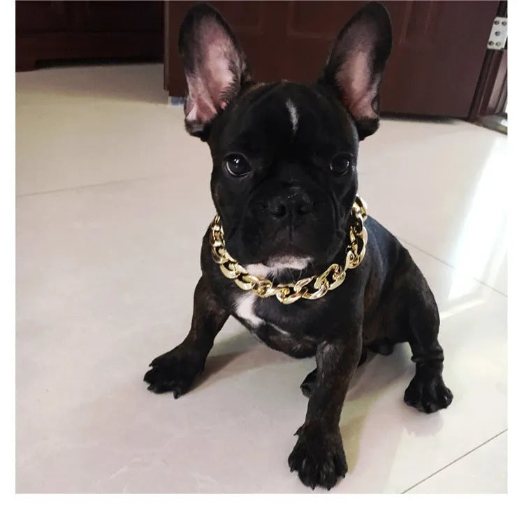 Adjustable dog chain collar in gold or white with twisted piece design for small and medium pets.