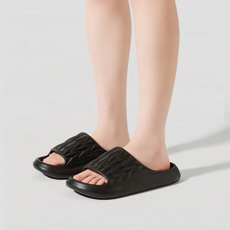 Leaf texture design EVA slippers in various colours showing non-slip sole and anti-odor properties