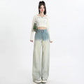 Women's gradient blue cotton denim straight-leg wide-leg trousers laid flat