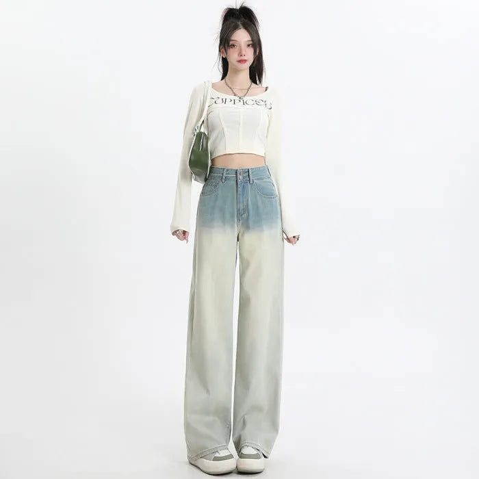 Women's gradient blue cotton denim straight-leg wide-leg trousers laid flat