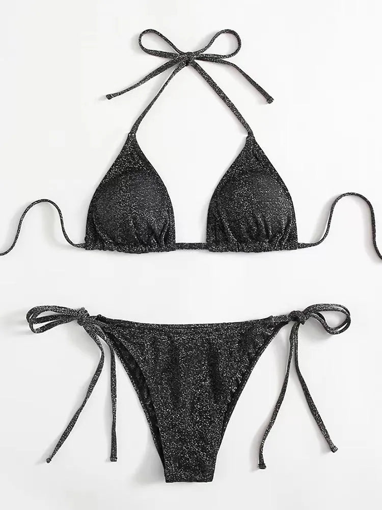 Women's split bandage style bikini swimsuit with halterneck top and briefs bottom in multiple colour options