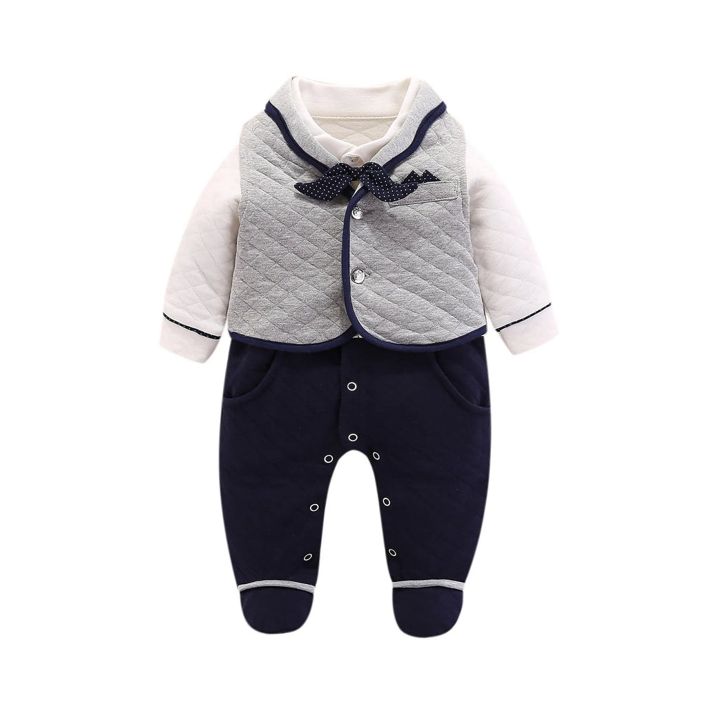 Baby boy gentleman onesie British style cotton long sleeve navy blue