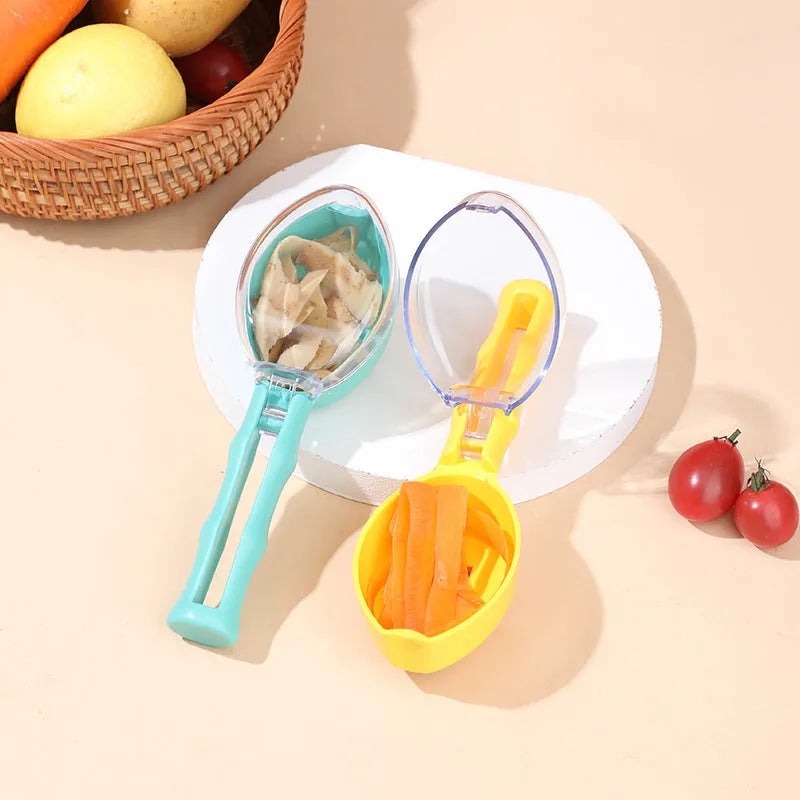 Yellow peeling knife with a blue storage lid on a kitchen counter.