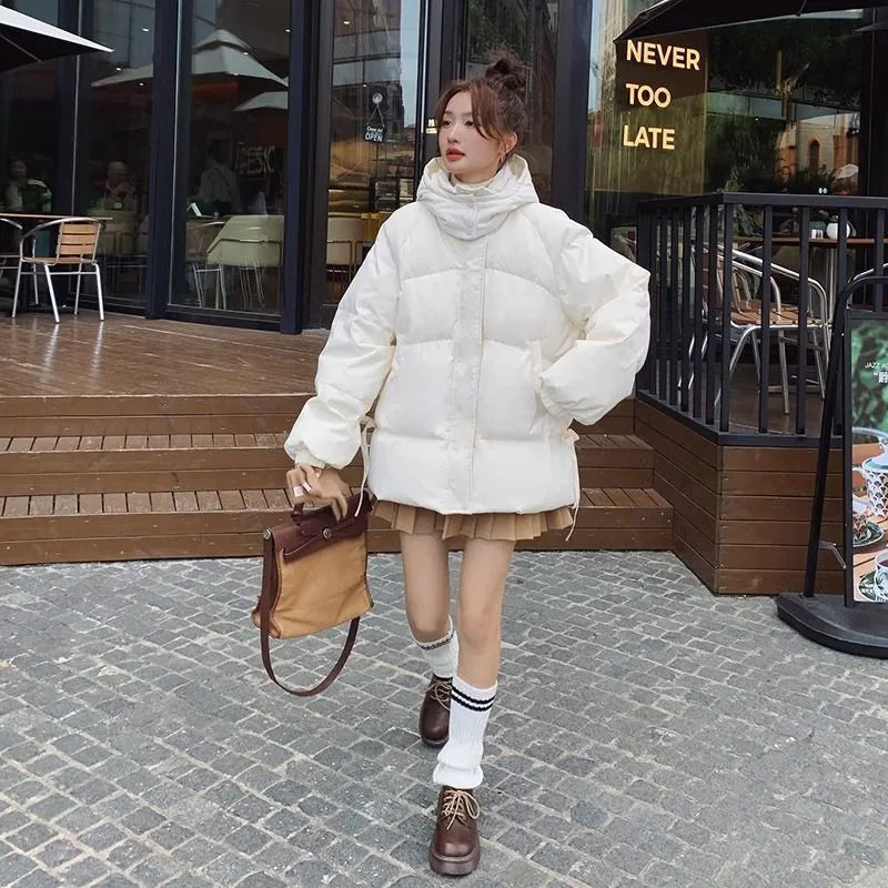 Women's loose cotton-padded jacket with princess sleeves in milky white colour for autumn winter wear