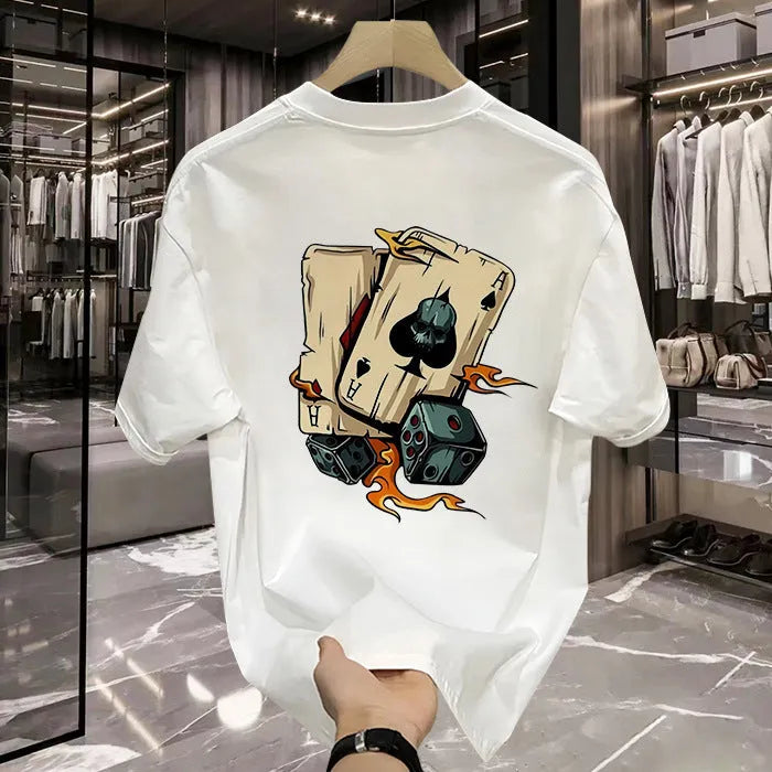 Men's heavyweight black and white pure cotton short-sleeved printed T-shirt showing size range from S to XXXXL.