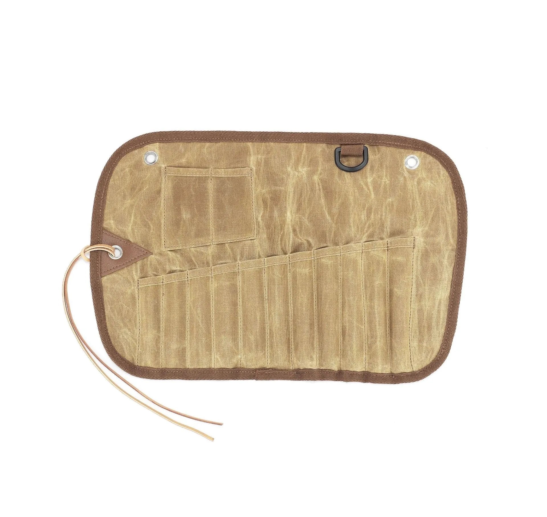 Waxed canvas portable storage bag containing a wooden handle knife, fork, spoon, butter knife, coffee spoon, and chopsticks.