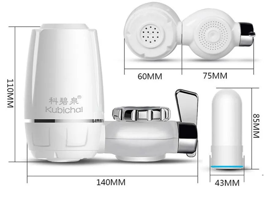 White plastic faucet water filter with switch lever and ceramic cartridge, shown with universal tap adapters.