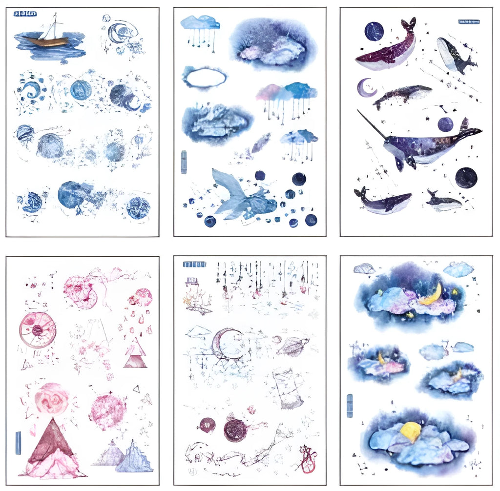 Japanese paper sticker sheet set with fantasy stars pattern, size 10.5 by 14.1 cm
