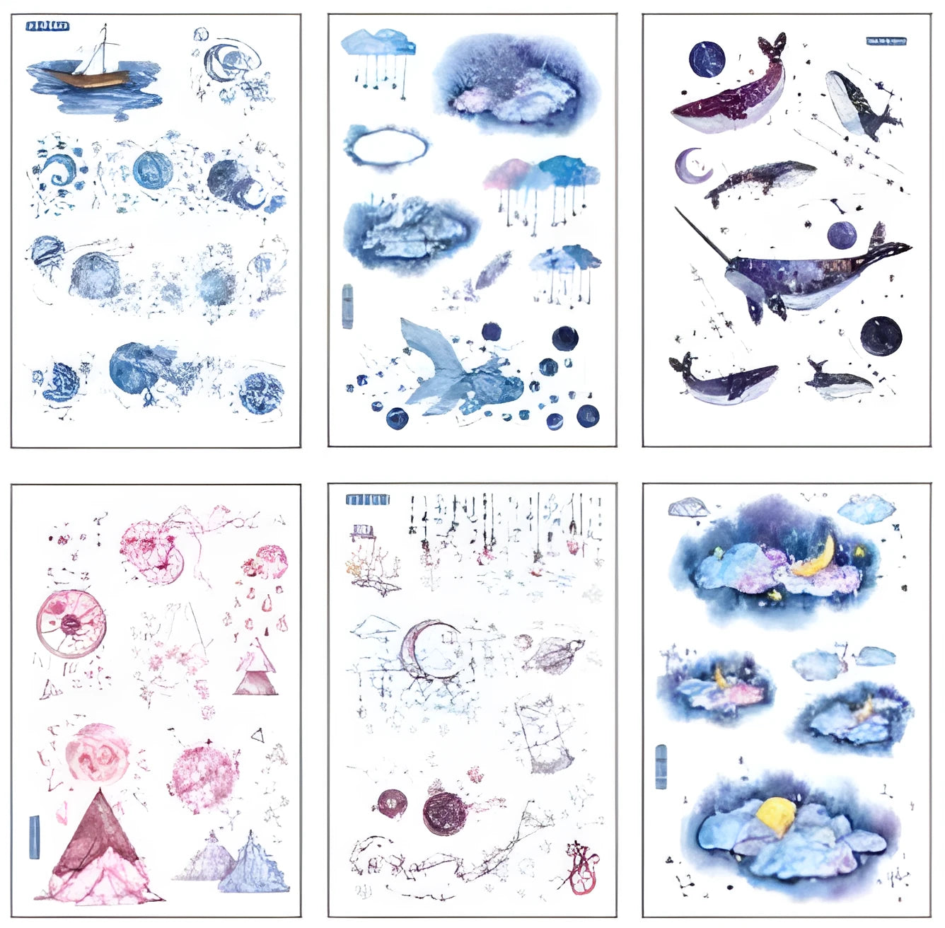 Japanese paper sticker sheet set with fantasy stars pattern, size 10.5 by 14.1 cm