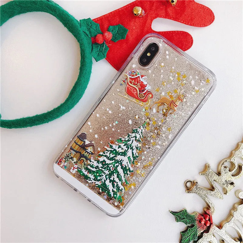 Transparent quicksand effect phone case with Santa Claus and Christmas tree design for iPhone and Samsung