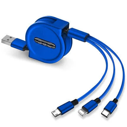 3-in-1 telescopic charging cable extended to show connectors with 120cm TPE cable and titanium alloy plugs.