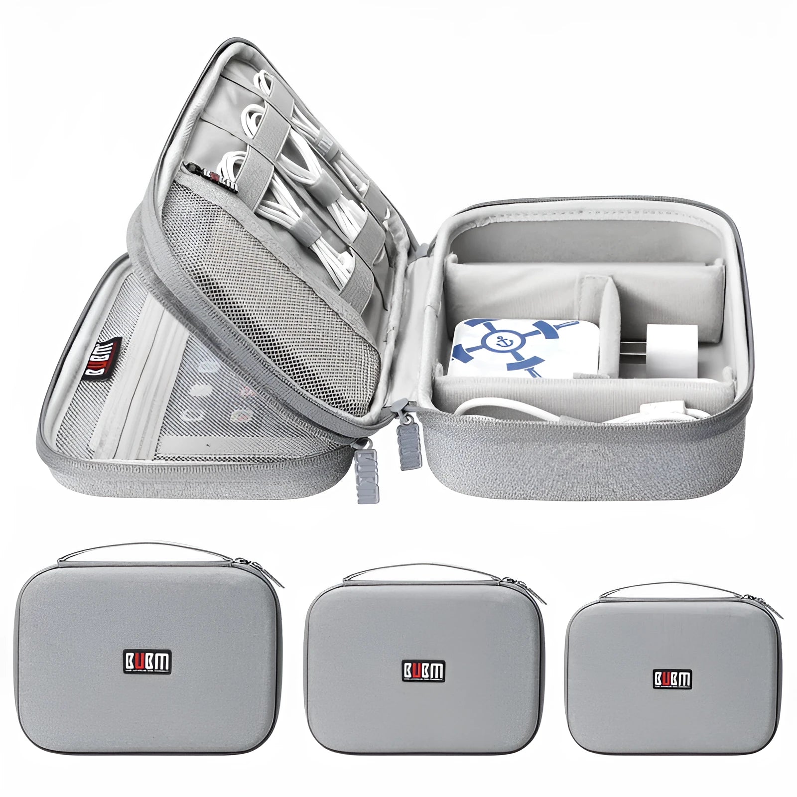 Black and grey EVA digital storage bag for headphones and accessories, showing single and double layer options