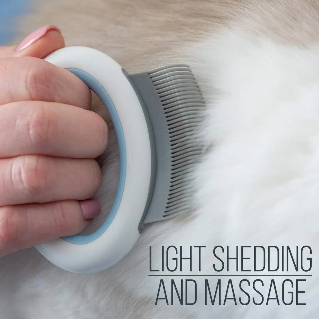 Blue pet deshedding and dematting comb with soft teeth and ergonomic handle.