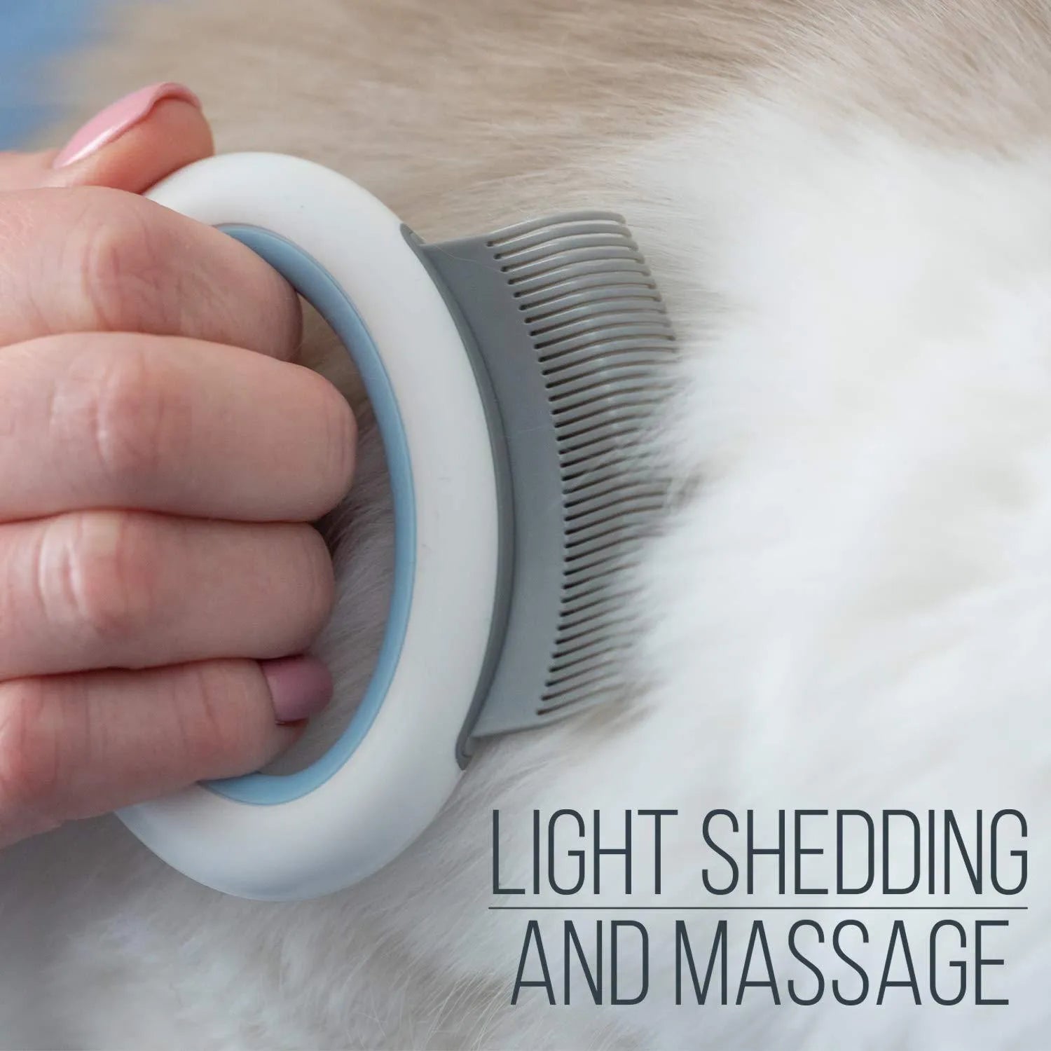 Blue pet deshedding and dematting comb with soft teeth and ergonomic handle.
