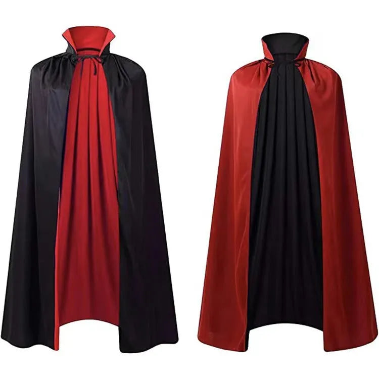 A black satin hooded cloak for children, laid flat to show its length, for Halloween wizard or witch costumes.