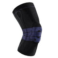 Adult sports knee pad in black and blue, made from nylon and spandex.