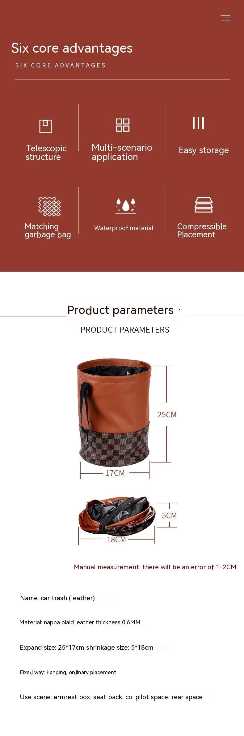 Retractable leather interior car trash can with handle, shown in colour as pictured.