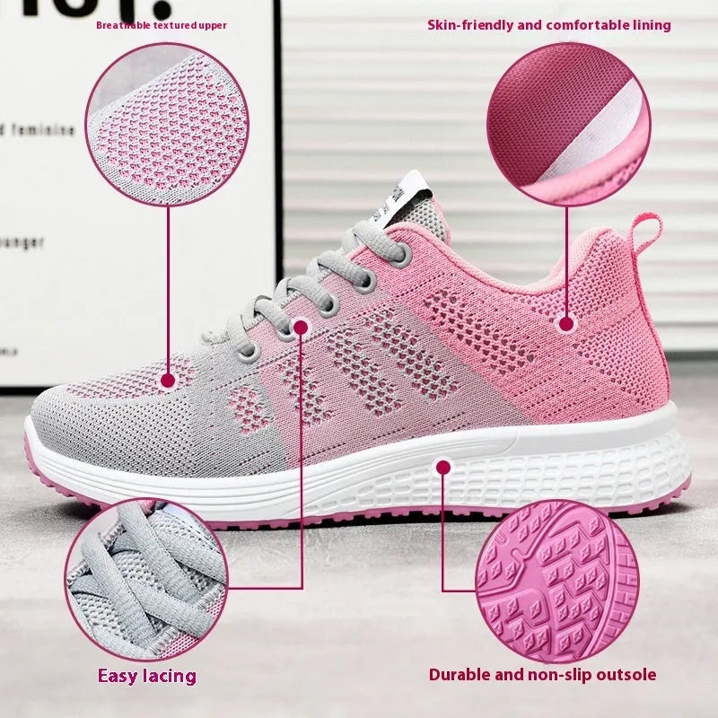 Women's Flyknit running shoes in black, rose red, or grey pink with soft sole and lace-up front.