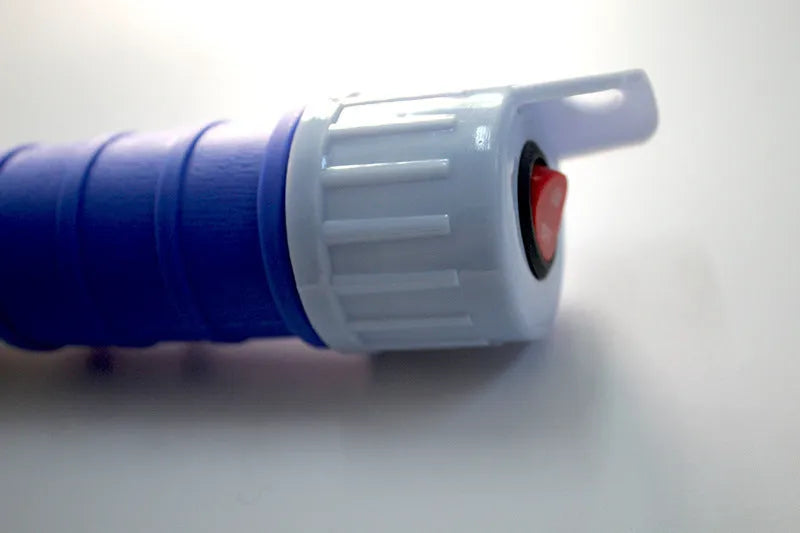 Blue manual hand siphon pump for transferring fuel and liquids.