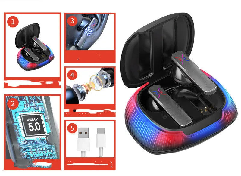 Hall Flashing wireless gaming headset with earplug design in black or white colour options