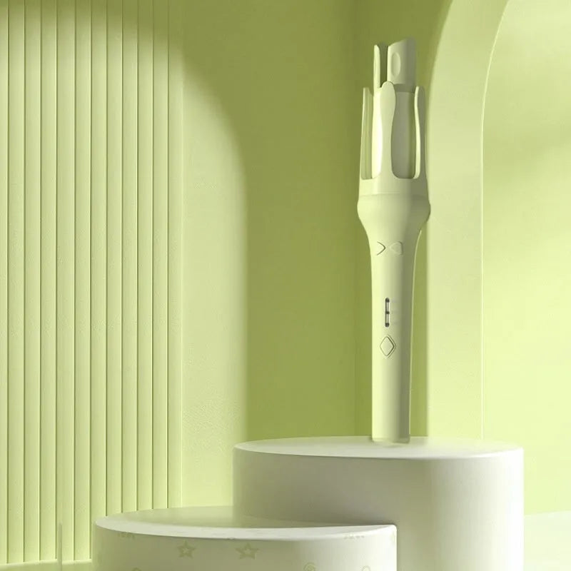 Automatic hair curler in white with purple accents, showing 32mm barrel and UK plug.