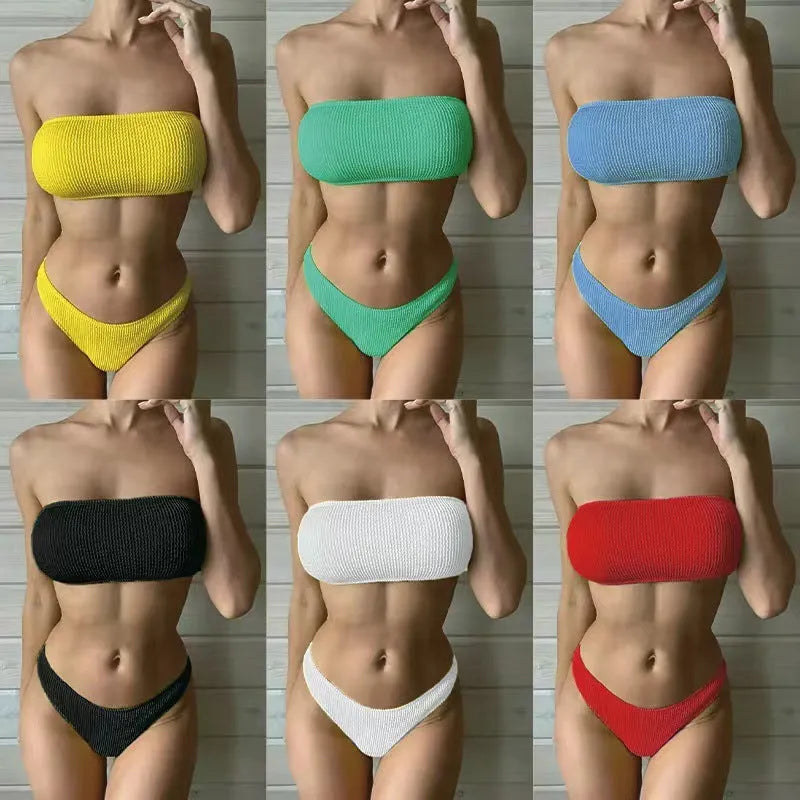 Women's solid colour snake cloth bikini with high-waist briefs and a sleeveless tube top.