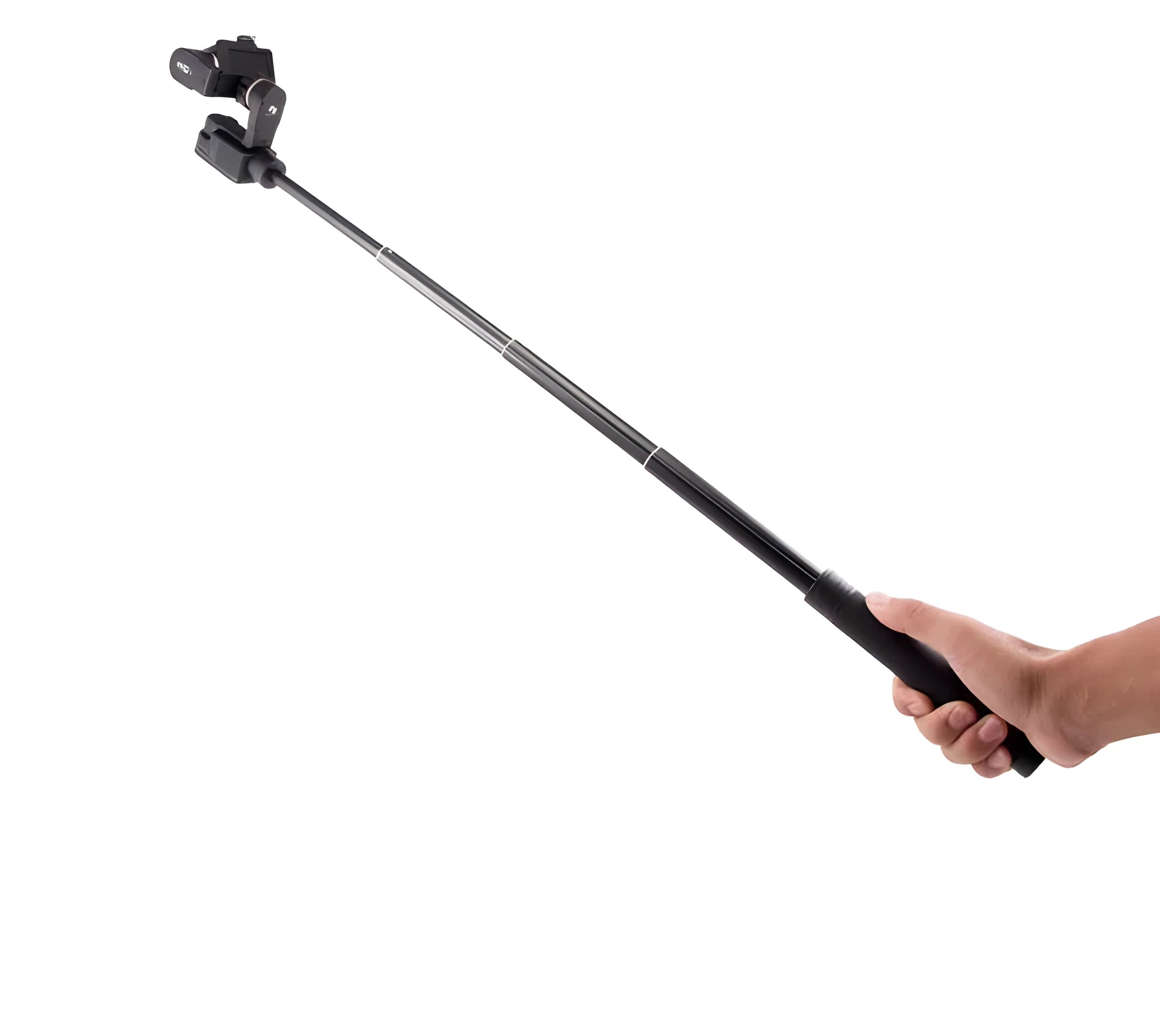 Black retractable selfie stick extended to full length with a smartphone attached, showcasing its hand-held stabiliser grip.