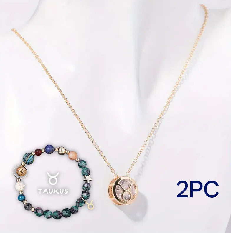 Natural stone beaded necklace and matching bracelet set on a grey background